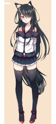 Rule 34 | 1girl, animal ears, arms behind back, black hair, blush, breasts, cat ears, clothes lift, detached sleeves, dress, haruyuki (yukichasoba), high heels, long hair, looking at viewer, open mouth, original, pleated skirt, simple background, skirt, skirt lift, solo, thighhighs, very long hair, zettai ryouiki