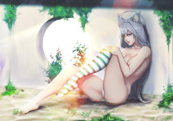 Rule 34 | 1girl, adjusting clothes, adjusting legwear, ahoge, animal ears, bad id, bad pixiv id, bare legs, barefoot, breasts, cat ears, cat tail, cleavage, comic, copyright request, feet, full body, green eyes, grey hair, highres, knees up, large breasts, leaning back, leg up, lens flare, lips, long hair, looking at viewer, michael.r, no shoes, panties, parted lips, plant, shade, single thighhigh, sitting, smile, solo, striped clothes, striped thighhighs, tail, thighhighs, topless, underwear, underwear only, very long hair, wall, water, wet, wet hair, white panties