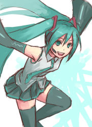 Rule 34 | 1girl, aqua eyes, aqua hair, bare shoulders, detached sleeves, female focus, gradient background, green eyes, green hair, green thighhighs, hatsune miku, headset, jumping, long hair, matching hair/eyes, necktie, open mouth, outstretched arms, skirt, smile, solo, spread arms, thighhighs, twintails, vocaloid, yuuji (and), zettai ryouiki