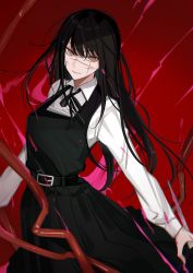 Rule 34 | 1girl, absurdres, ateoyh, belt, black belt, black dress, black hair, black ribbon, blood, blood on face, breasts, chainsaw man, closed mouth, collared shirt, commentary, cowboy shot, dress, dress shirt, highres, intestines, light smile, long hair, long sleeves, looking at viewer, medium breasts, neck ribbon, orange eyes, pinafore dress, red background, ribbon, ringed eyes, scar, scar on face, shirt, simple background, sleeveless, sleeveless dress, solo, standing, v-shaped eyebrows, white shirt, wing collar, yoru (chainsaw man)