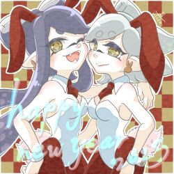 Rule 34 | 2girls, animal ears, artist name, breasts, brown eyes, brown necktie, brown pantyhose, callie (splatoon), checkered background, chinese zodiac, closed mouth, collar, cousins, cross-shaped pupils, detached collar, earrings, fake animal ears, fake tail, fangs, grey hair, happy new year, highres, hug, inkling, jewelry, leotard, long hair, looking at viewer, marie (splatoon), medium breasts, medium hair, mole, mole under eye, multiple girls, necktie, new year, nintendo, one eye closed, open mouth, outline, pantyhose, pointy ears, rabbit ears, rabbit tail, signature, smile, splatoon (series), strapless, strapless leotard, swept bangs, symbol-shaped pupils, tail, tentacle hair, utico317, very long hair, white collar, white leotard, white outline, wing collar, wrist cuffs, year of the rabbit