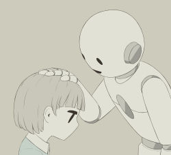 Rule 34 | 1girl, 1other, absurdres, avogado6, black eyes, blue shirt, child, commentary request, grey background, grey hair, headpat, height difference, highres, looking down, original, robot, shirt, simple background, smile