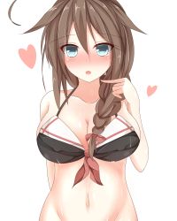 Rule 34 | 10s, 1girl, ahoge, arm behind back, bare shoulders, bikini, bikini top only, blue eyes, blush, braid, breasts, brown hair, collarbone, covered erect nipples, hair flaps, hair over shoulder, heart, highres, kantai collection, large breasts, long hair, looking at viewer, navel, no panties, open mouth, out-of-frame censoring, pikacchi, shigure (kancolle), shigure kai ni (kancolle), simple background, single braid, solo, swimsuit, wet, white background