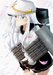Rule 34 | 10s, 1girl, bad id, bad pixiv id, blue eyes, cleazul, collarbone, flat cap, hammer and sickle, hand on headwear, hat, hibiki (kancolle), highres, kantai collection, long hair, looking to the side, machinery, neckerchief, petals, pleated skirt, school uniform, serafuku, silver hair, skirt, solo, star (symbol), verniy (kancolle)