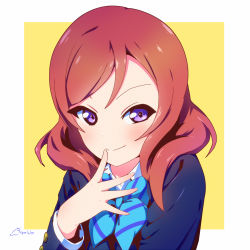Rule 34 | 1girl, artist request, blazer, blue bow, blue bowtie, bow, bowtie, dutch angle, female focus, highres, jacket, long sleeves, looking at viewer, love live!, love live! school idol project, nishikino maki, pleated skirt, purple eyes, red hair, school uniform, short hair, skirt, smile, solo, striped bow, striped bowtie, striped clothes
