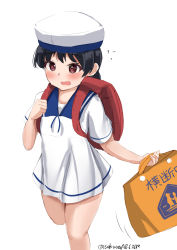 Rule 34 | 1girl, absurdres, backpack, bag, black hair, blue sailor collar, brown eyes, commentary request, dress, hat, hiburi (kancolle), highres, kantai collection, low ponytail, one-hour drawing challenge, running, sailor collar, sailor dress, sailor hat, sakura ab, short hair, short sleeves, simple background, solo, white background, white dress, white hat