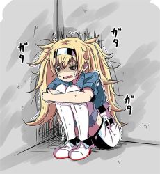 Rule 34 | 1girl, aqua shirt, belt, blonde hair, blouse, blue shirt, comic, commentary request, corner, gambier bay (kancolle), hair between eyes, hairband, hugging own legs, kantai collection, knees to chest, long hair, messy hair, open mouth, shaded face, shino (ponjiyuusu), shirt, shoes, short sleeves, shorts, sitting, solo, squatting, thighhighs, translation request, trembling, twintails, very long hair, wavy mouth