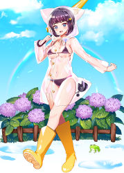 Rule 34 | 1girl, :d, animal, bikini, blue eyes, blue sky, boots, breasts, buttons, cleavage, cloud, commentary request, day, flower, frog, hair ornament, hairclip, holding, holding umbrella, hydrangea, knee boots, leaf, looking at viewer, medium breasts, meesuke, navel, open mouth, original, purple bikini, purple flower, purple hair, rainbow, raincoat, rubber boots, see-through, short hair, sidelocks, sky, smile, solo, stomach, swimsuit, thighs, umbrella, walking, yellow footwear