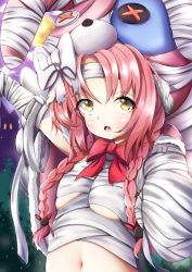 Rule 34 | 1girl, :o, absurdres, animal ears, animal hat, arm up, bandaged arm, bandages, blush, bow, braid, breasts, fake animal ears, fangs, hair between eyes, halloween, hat, highres, long hair, looking at viewer, medium breasts, mimi (halloween) (princess connect!), mimi (princess connect!), navel, open mouth, parted bangs, pink hair, princess connect!, rabbit ears, rabbit hat, red bow, solo, stomach, takemura kou, twin braids, twintails, underboob, yellow eyes