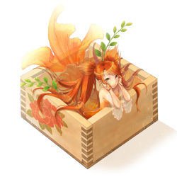 Rule 34 | 1girl, alcohol, fish, goldfish, half updo, hands on own face, head rest, in container, iria (yumeirokingyo), jewelry, long hair, looking at viewer, masu, matching hair/eyes, mermaid, mini person, minigirl, monster girl, orange eyes, orange hair, original, partially submerged, personification, pointy ears, sake, scales, short twintails, solo, twintails, very long hair, water