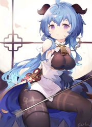 1girl ahoge bare_shoulders bell black_gloves blue_hair blush bodysuit breasts closed_mouth commentary covered_navel cowbell curled_horns detached_sleeves ganyu_(genshin_impact) genshin_impact gloves goat_horns hair_between_eyes highres horns leilin long_hair long_sleeves looking_at_viewer low_ponytail medium_breasts petals ponytail purple_eyes resolution_mismatch revision sidelocks signature sleeves_past_wrists solo source_larger sweat taut_clothes very_long_hair white_sleeves wide_sleeves