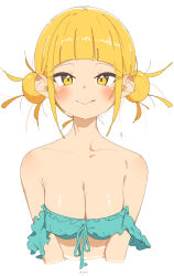 Rule 34 | 1girl, :q, bare shoulders, bikini, blonde hair, blush, boku no hero academia, breasts, cleavage, closed mouth, collarbone, commentary request, double bun, frilled bikini, frills, green bikini, hair bun, highres, looking at viewer, medium breasts, rasusurasu, short hair, simple background, smile, solo, strapless, strapless bikini, swimsuit, toga himiko, tongue, tongue out, upper body, white background, yellow eyes