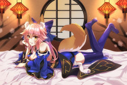 Rule 34 | 1girl, absurdres, animal ear fluff, animal ears, bare shoulders, blue kimono, blue ribbon, blue thighhighs, blush, breasts, cleavage, detached sleeves, fate/extella, fate/extra, fate/extra ccc, fate/grand order, fate (series), fox ears, fox girl, fox tail, hair ribbon, highres, huge filesize, indoors, japanese clothes, kanikanidosanko, kimono, lantern, large breasts, looking at viewer, lying, on stomach, open mouth, pink hair, ribbon, solo, tail, tamamo (fate), tamamo no mae (fate/extra), thighhighs, yellow eyes