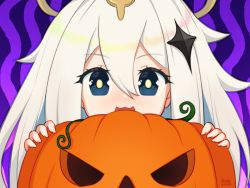Rule 34 | 1girl, :3, :d, blue eyes, commentary, face, genshin impact, hair between eyes, halo, highres, jack-o&#039;-lantern, long hair, looking at viewer, open mouth, paimon (genshin impact), ponytail, pumpkin, smile, solo, vickie (cryingrobot), white hair
