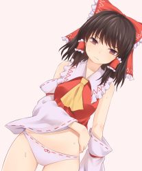Rule 34 | 1girl, ascot, bare shoulders, beige background, blush, bow, brown eyes, brown hair, commentary request, cowboy shot, detached sleeves, dutch angle, frilled bow, frilled shirt collar, frills, hair bow, hair tubes, hakurei reimu, highres, long sleeves, looking at viewer, medium hair, midriff, miyo (ranthath), no pants, panties, red bow, ribbon-trimmed panties, ribbon-trimmed sleeves, ribbon trim, sidelocks, simple background, solo, standing, sweat, thighs, touhou, underwear, white panties, wide sleeves, yellow ascot