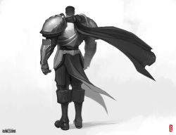 Rule 34 | 1boy, absurdres, armor, artist name, boots, breastplate, cape, commentary, den (denwhat), english commentary, from behind, full body, garen (league of legends), gloves, grey background, highres, knee boots, league of legends, legends of runeterra, male focus, pants, short hair, shoulder plates, simple background, solo, spot color, standing