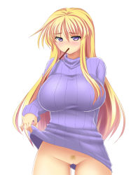 Rule 34 | 1girl, absurdres, alternate costume, blonde hair, blush, bottomless, breasts, cleft of venus, clothes lift, cowboy shot, female focus, female pubic hair, food, gluteal fold, hair over breasts, highres, large breasts, long hair, long sleeves, looking at viewer, mokkori9, mouth hold, naked sweater, no headwear, no headwear, pocky, pocky day, pubic hair, purple eyes, pussy, ribbed sweater, sidelocks, simple background, solo, sweater, sweater lift, thighs, touhou, turtleneck, uncensored, very long hair, white background, yakumo yukari