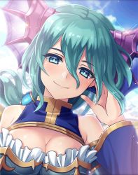 Rule 34 | 1girl, aqua eyes, aqua hair, artist request, blush, brave frontier, breasts, cleavage, crossover, dress, hair ornament, hand in own hair, headgear, long hair, lucina (brave frontier), official art, phantom of the kill, ponytail, smile
