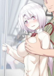 Rule 34 | 1girl, blurry, blurry background, blush, breasts, embarrassed, female focus, grabbing, grabbing another&#039;s breast, groping, hair between eyes, hand up, highres, large breasts, long hair, looking at viewer, nijisanji, open mouth, page number, pink eyes, pink hair, ponytail, school uniform, shiina yuika, solo focus, standing, tenkafubu rengou, train, train interior, upper body