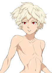 Rule 34 | 10s, 1boy, androgynous, blonde hair, child, gunslinger stratos, male focus, nipples, nude, pectorals, red eyes, remy odhner, solo, white background, yamamiya hiroshi