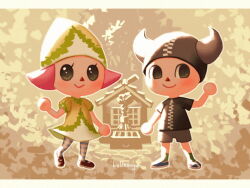 Rule 34 | 1boy, 1girl, :&gt;, animal crossing, anniversary, artist name, bellhenge, black eyes, black footwear, black headwear, black shirt, black shorts, blue footwear, blue thighhighs, brown background, closed mouth, commentary, dress, english commentary, eyelashes, fake horns, full body, green dress, green headwear, green socks, grey horns, hand up, hat, horned headwear, horns, house, kneehighs, large horns, light blush, looking at viewer, mary janes, nintendo, pink hair, pointy hat, puffy short sleeves, puffy sleeves, shirt, shoes, short dress, short hair, short sleeves, shorts, smile, sneakers, socks, solid circle eyes, striped clothes, striped thighhighs, t-shirt, thighhighs, two-tone thighhighs, villager (animal crossing), waving, white thighhighs, zipper, zipper pull tab