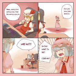 Rule 34 | 2girls, 4koma, anger vein, angry, ascot, bat wings, blonde hair, blue hair, chair, collared shirt, comic, commentary, computer, crystal, desk, dress, dress shirt, emphasis lines, english text, fangs, flandre scarlet, frilled cuffs, frilled skirt, frills, hand to own mouth, hand up, hat, hat ribbon, hidden star in four seasons, highres, indoors, jewelry, keyboard (computer), left-to-right manga, looking at viewer, mary janes, mob cap, monitor, mouse (computer), mousepad (object), multiple girls, office chair, open mouth, puffy short sleeves, puffy sleeves, red eyes, red footwear, red ribbon, red skirt, red vest, remilia scarlet, ribbon, ribbon trim, right-to-left comic, shirt, shoes, short hair, short sleeves, siblings, side ponytail, sisters, sitting, skirt, skirt set, socks, speech bubble, spread wings, standing, swivel chair, text focus, tongue, touhou, trash can, vest, wavy hair, white legwear, white shirt, wings, wrist cuffs, yoruny