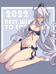 Rule 34 | 1girl, 2022, absurdres, ahoge, barefoot, black bra, black panties, blue eyes, blush, bra, breasts, cleavage, closed mouth, clothes lift, groin, hair between eyes, hair flaps, hair ornament, half-closed eyes, happy new year, highres, honkai (series), honkai impact 3rd, huiqian, jewelry, kiana kaslana, lace, lace-trimmed bra, lace-trimmed panties, lace trim, large breasts, leaning back, legs, lifted by self, long hair, looking at viewer, navel, new year, panties, ponytail, pubic tattoo, ring, side-tie panties, silver hair, sitting, smile, soles, solo, stomach, sweater, sweater lift, tattoo, toes, underwear, very long hair