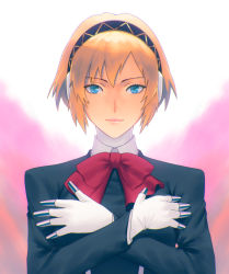 Rule 34 | 1girl, aegis (persona), aqua eyes, black jacket, blonde hair, closed mouth, collared shirt, crossed arms, fateline alpha, gloves, hair between eyes, hairband, highres, jacket, long sleeves, looking at viewer, neck ribbon, persona, persona 3, pink background, red ribbon, ribbon, shirt, smile, solo, upper body, white gloves, white shirt