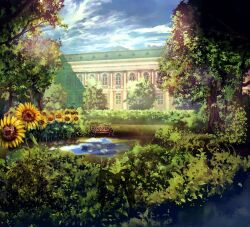 Rule 34 | bench, building, bungou to alchemist, bush, cloud, day, flower, no humans, official art, outdoors, puddle, reflection, reflective water, scenery, summer, sunflower, tree, yellow flower