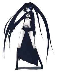 Rule 34 | 10s, 1girl, bad id, bad pixiv id, belt, bikini, bikini top only, black hair, black rock shooter, black rock shooter (character), blue eyes, boots, cloak, coat, flat chest, front-tie top, full body, gloves, glowing, glowing eyes, hair over one eye, hood, hooded jacket, jacket, knee boots, long hair, midriff, monochrome, natsuki heru, navel, pale skin, short shorts, shorts, solo, spot color, swimsuit, twintails, uneven twintails, very long hair, vocaloid