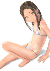Rule 34 | 1girl, barefoot, bikini, braid, brown eyes, feet, flat chest, foot out of frame, highres, looking at viewer, navel, original, simple background, sitting, smile, solo, swimsuit, tan, tanline, toes, twin braids, uzuki mei, white background, white bikini