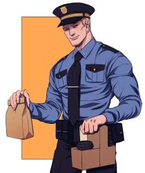 Rule 34 | 1boy, bag, bara, black pants, blonde hair, blue shirt, closed mouth, coffee cup, collared shirt, cup, disposable cup, hat, highres, holding, holding bag, looking at viewer, male focus, muscular, muscular male, necktie, nez, overwatch, overwatch 1, pants, paper bag, police, police hat, police uniform, policeman, shirt, short hair, simple background, smile, soldier: 76 (overwatch), solo, uniform