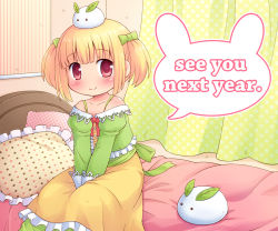 Rule 34 | 1girl, bad id, bad pixiv id, bare shoulders, bed, bedroom, blonde hair, blush, bow, chinese zodiac, curtains, dress, english text, frills, hair bow, indoors, long sleeves, looking at viewer, mizuno mumomo, new year, object on head, on bed, original, pants, pillow, polka dot, rabbit (chinese zodiac), red eyes, short hair, skirt, smile, snow rabbit, solo, speech bubble, twintails, two side up