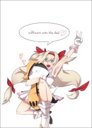Rule 34 | 1girl, alternate color, arc system works, armpits, blazblue, blazblue: continuum shift, blonde hair, character doll, green eyes, jubei (blazblue), long hair, low-tied long hair, mameshibasuke, platinum the trinity, quad tails, stuffed toy, symbol-shaped pupils, two side up, v, very long hair