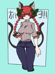 Rule 34 | 1girl, alternate costume, animal ear fluff, animal ears, blue background, blue pants, bow, braid, breasts, bright pupils, cat ears, cat tail, closed mouth, contrapposto, cropped legs, expressionless, eyebrows hidden by hair, gao wanwan, green bow, grey sweater, hair between eyes, hair bow, hair ribbon, highres, kaenbyou rin, large breasts, long hair, looking at viewer, multiple tails, nekomata, pants, red eyes, red hair, ribbon, simple background, sleeves past elbows, solo, standing, sweater, tail, thigh gap, touhou, tress ribbon, twin braids, twintails, two tails, very long hair, white pupils