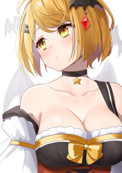 Rule 34 | 1girl, absurdres, bare shoulders, black choker, blonde hair, breasts, choker, cleavage, closed mouth, collarbone, hair ornament, heart, heart-shaped pupils, highres, hololive, large breasts, looking to the side, short hair, simple background, solo, symbol-shaped pupils, upper body, virtual youtuber, white background, yellow eyes, yozora mel, yozora mel (2nd costume), yuuzuki (re&#039;ef)