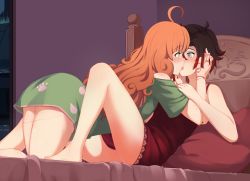 Rule 34 | 2girls, ahoge, ass, between legs, black hair, blush, doll joints, eye contact, freckles, french kiss, hair between eyes, hands on another&#039;s face, highres, hiwonoafu, joints, kiss, long hair, looking at another, multicolored hair, multiple girls, orange hair, pajamas, penny polendina, red hair, ruby rose, rwby, streaked hair, thighs, yuri