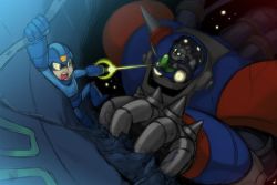 Rule 34 | arm cannon, attack, boss battle, capcom, from above, gamma (mega man), giant hand, giant robot, helmet, mega man (character), mega man (classic), mega man (series), mega man 3, no humans, non-humanoid robot, open mouth, robot, robot ears, spikes, weapon