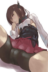 Rule 34 | 10s, 1girl, bike shorts, breasts, brown hair, cameltoe, headgear, highres, kadokawa shoten, kantai collection, looking at viewer, short hair, sideboob, simple background, sitting, skirt, small breasts, solo, spread legs, taihou (kancolle), wa (genryusui), white background, yellow eyes