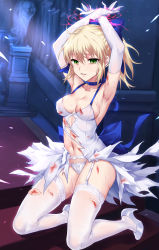 Rule 34 | 1girl, absurdres, armpits, arms up, artist request, artoria pendragon (fate), blonde hair, blood, breasts, cleavage, cuts, elbow gloves, fate (series), female focus, gloves, green eyes, high heels, highres, injury, long hair, panties, restrained, solo, thighhighs, torn clothes, underwear