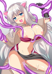 Rule 34 | 1girl, animal ears, bikini, bikini top only, black gloves, blue eyes, blush, breasts, brown capelet, capelet, cat ears, censored, cleavage, commentary request, commission, cowboy shot, cum, cum in pussy, elbow gloves, gloves, gradient background, grey background, highres, large breasts, long hair, looking at viewer, mage (ragnarok online), masaya ichika, midriff, mosaic censoring, navel, nipples, open mouth, pelvic curtain, pixiv commission, ragnarok online, red bikini, red skirt, showgirl skirt, skirt, solo, swimsuit, tentacle sex, tentacles, white hair