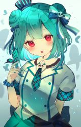 Rule 34 | 1girl, :o, animal, animal on hand, black hat, black skirt, blue bow, blue nails, blue necktie, blue scrunchie, blush, bow, bug, butterfly, chikuwa (tikuwaumai ), collared shirt, double bun, fang, green hair, green skirt, hair bow, hair bun, hair ornament, hand up, hat, highres, hololive, insect, looking at viewer, mini hat, nail polish, necktie, parted lips, plaid necktie, plaid neckwear, red eyes, scrunchie, shirt, short necktie, skirt, skull hair ornament, solo, tilted headwear, uruha rushia, virtual youtuber, white shirt, wrist scrunchie