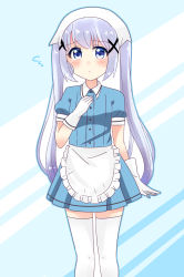 Rule 34 | 1girl, :&lt;, absurdres, alternate costume, apron, bad id, bad pixiv id, blend s, blue background, blue eyes, blue shirt, blue skirt, blush, closed mouth, collared shirt, commentary request, cosplay, flying sweatdrops, frilled apron, frills, gloves, gochuumon wa usagi desu ka?, hair ornament, hand on own chest, head scarf, highres, kafuu chino, long hair, looking at viewer, manga time kirara, omochi (rimulovemiku), pleated skirt, puffy short sleeves, puffy sleeves, purple hair, shirt, short sleeves, skirt, solo, thighhighs, twintails, two-tone background, uniform, very long hair, waist apron, waitress, white apron, white background, white gloves, white thighhighs, x hair ornament
