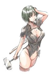 Rule 34 | 1girl, bad id, bad pixiv id, bottomless, breasts, brown thighhighs, cleavage, green hair, hand in own hair, harness, large breasts, looking at viewer, mallet, o niku, shirt, short hair, solo, thighhighs, torn clothes, torn shirt, uq holder!, yuuki karin