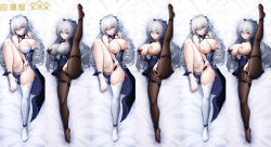 1girl alternate_breast_size bare_shoulders black_gloves black_pantyhose blue_jacket blue_skirt blush breasts bronya_zaychik bronya_zaychik_(outstanding_attitude) bronya_zaychik_(silverwing:_n-ex) censored cleavage dakimakura_(medium) dress drill_hair drill_ponytail gloves grabbing_own_breast grey_eyes grey_hair grey_sweater hair_between_eyes highres honkai_(series) honkai_impact_3rd huge_breasts id_card jacket lanyard leg_up long_hair looking_at_viewer lying miniskirt office_lady official_alternate_costume on_back open_mouth pantyhose pink_pupils pussy_juice ribbed_shirt second-party_source shirt single_thighhigh skirt sweater thighhighs twin_drills white_thighhighs white_tiara xfate