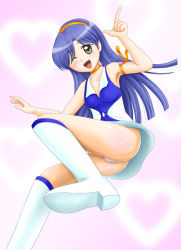 Rule 34 | 1girl, armlet, armpits, blue hair, boots, breasts, brown eyes, choker, cosplay, cutie honey, cutie honey (character) (cosplay), from below, headband, heart, heart background, idolmaster, idolmaster (classic), kisaragi chihaya, kisaragi honey, kisaragi honey (cosplay), long hair, looking at viewer, magical girl, name connection, one eye closed, open mouth, panties, pantyshot, smile, solo, toei animation, tomo (pixiv), tomotomo1223, underwear, upskirt, wink