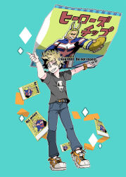 Rule 34 | 1boy, all might, aqua background, arms up, bakugou katsuki, black shirt, blonde hair, boku no hero academia, character name, chips (food), commentary request, food, full body, grin, koo1088, male focus, oversized food, oversized object, pants, potato chips, print shirt, shirt, shoes, short hair, short sleeves, simple background, skull print, smile, solo, spiked hair, standing