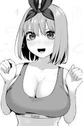 Rule 34 | 1girl, blush, bra, breasts, cleavage, collarbone, go-toubun no hanayome, greyscale, hair ribbon, highres, irarei (araisanblog), large breasts, looking at viewer, monochrome, nakano yotsuba, open mouth, ribbon, short hair, simple background, solo, sports bra, teeth, tongue, underwear, upper body, upper teeth only, white background