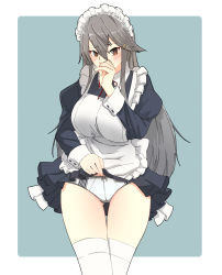 Rule 34 | 1girl, alternate costume, apron, black dress, black hair, blue background, border, brown eyes, clothes lift, cowboy shot, dress, dress lift, enmaided, frilled apron, frills, hair ornament, hairclip, haruna (kancolle), highres, kantai collection, lifted by self, long hair, maid, maid apron, maid headdress, mochizou, panties, solo, string tie, two-tone background, underwear, white apron, white border, white legwear, white panties, wrist cuffs
