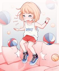 Rule 34 | 1girl, ball, basketball (object), blonde hair, blue eyes, blush, child, collarbone, commentary, commission, couch, dolphin shorts, english commentary, full body, highres, indoors, monchichiwa, open mouth, original, red shorts, shoes, short hair, shorts, sneakers, solo, tank top, tennis ball, variant set, watch, white tank top, wristwatch